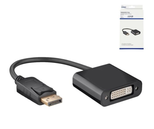 DINIC adapter 1.2 DisplayPort to DVI-D, DP plug - DVI socket 1080p max.(1920x1200 60Hz)black, DINIC box with Euro hole, 0.15m